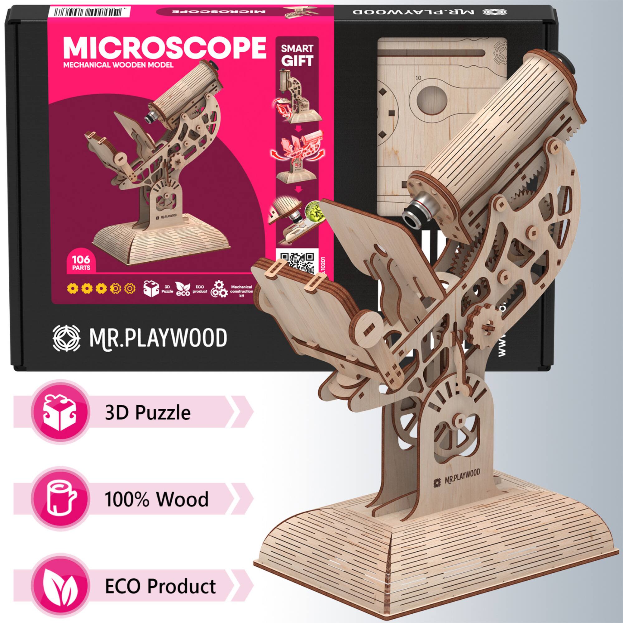 Mr. Playwood Microscope Mechanical 3D Wooden STEM Model Kit